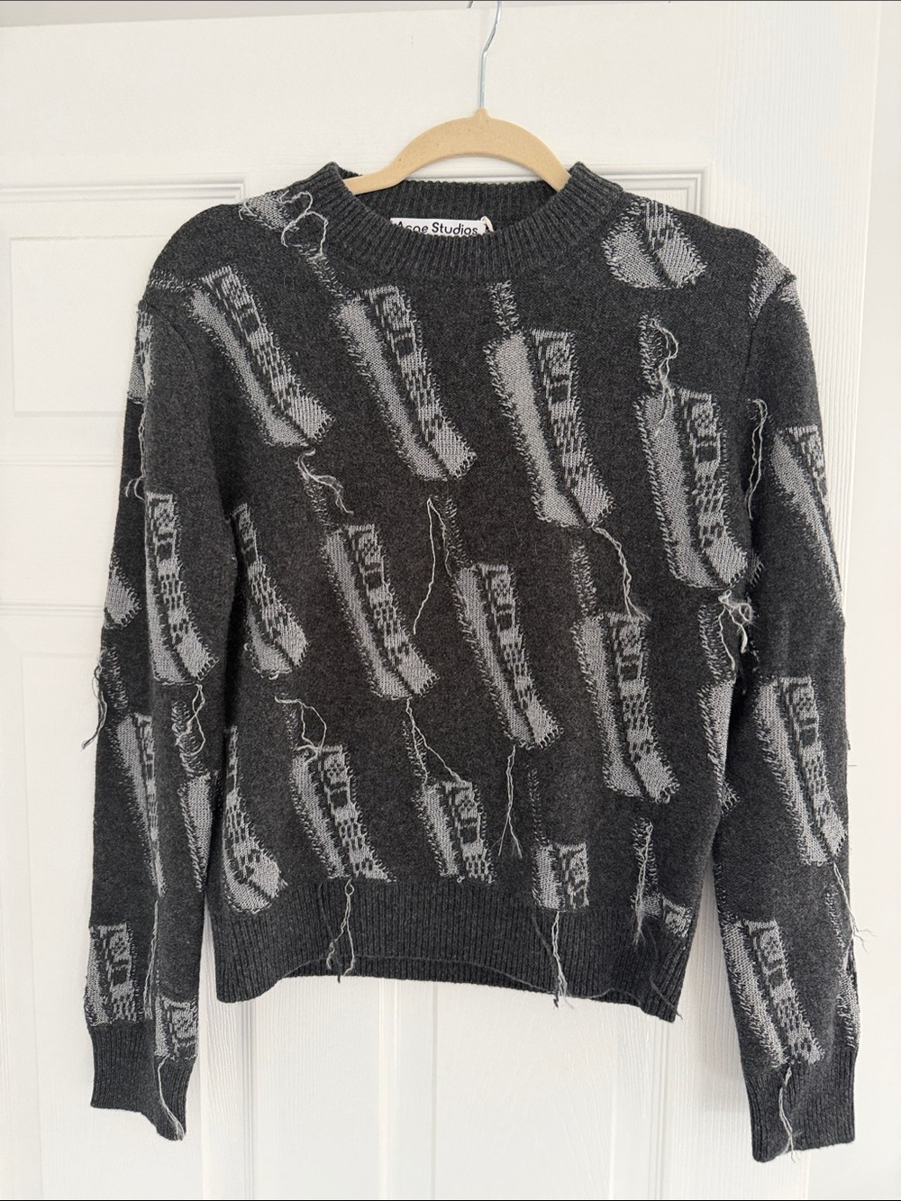 Acne Dark Gray and Light Gray Distressed Pattern Crewneck Sweater